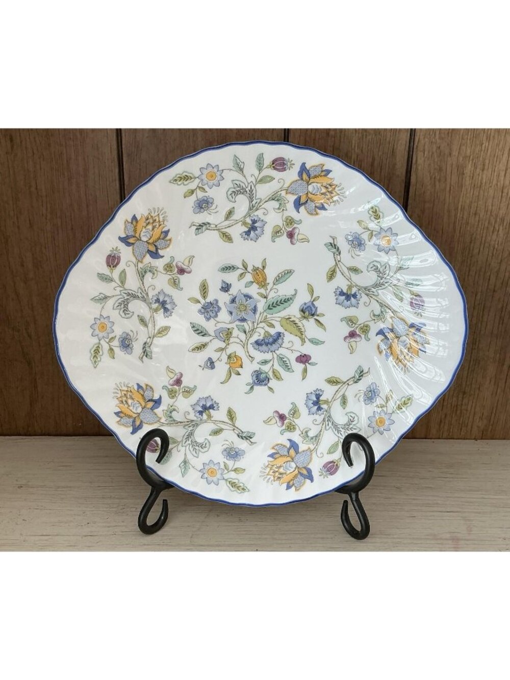 Minton Haddon Hall Blue Handled Cake Plate Scalloped Bone China 10 3/4"